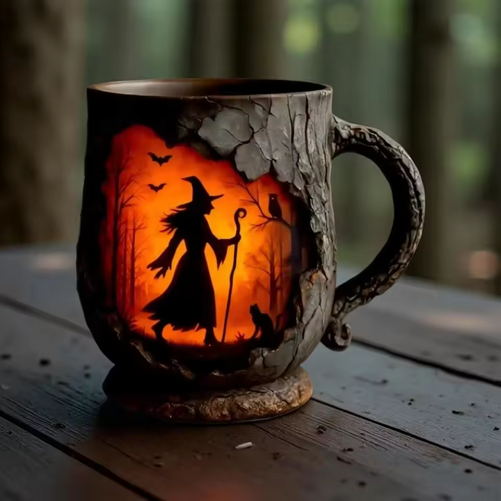Caneca de Halloween 3D feita à mão – Design de Bruxa e Gato
