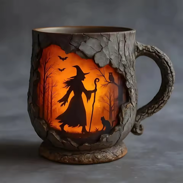 Caneca de Halloween 3D feita à mão – Design de Bruxa e Gato