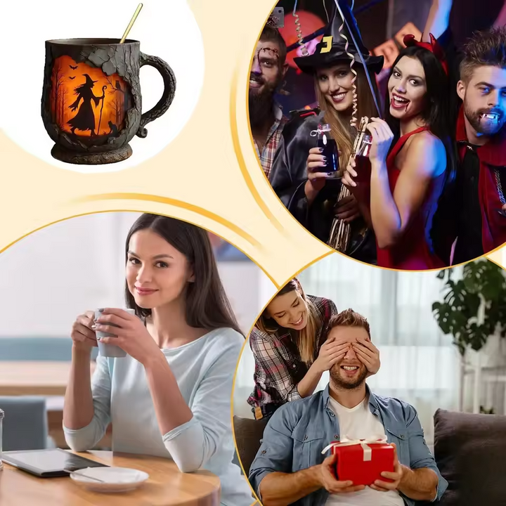 Caneca de Halloween 3D feita à mão – Design de Bruxa e Gato