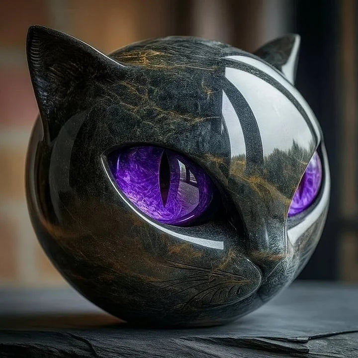 NyxCharm | Escultura de Cabeça de Gato Preto Místico